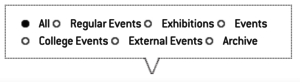 input field with the selection options "All", "Regular Events", "Exhibitions", "Events", "College Events", "External Events" and "Archive"
